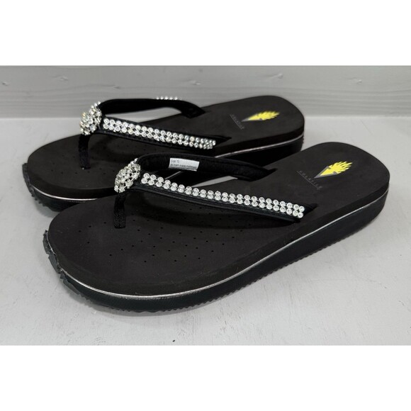 Volatile  Wedge Thong‎ Sandals Black Rhinestones Women's Size 10 NWOB Slip-On - Picture 1 of 8